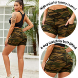 Aoliks Camouflage Women Shorts High Waisted Pockets Butt Lifting Leggings Army Green