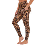 Aoliks Leopard Print Women High Waisted Side Pockets Leggings Brown