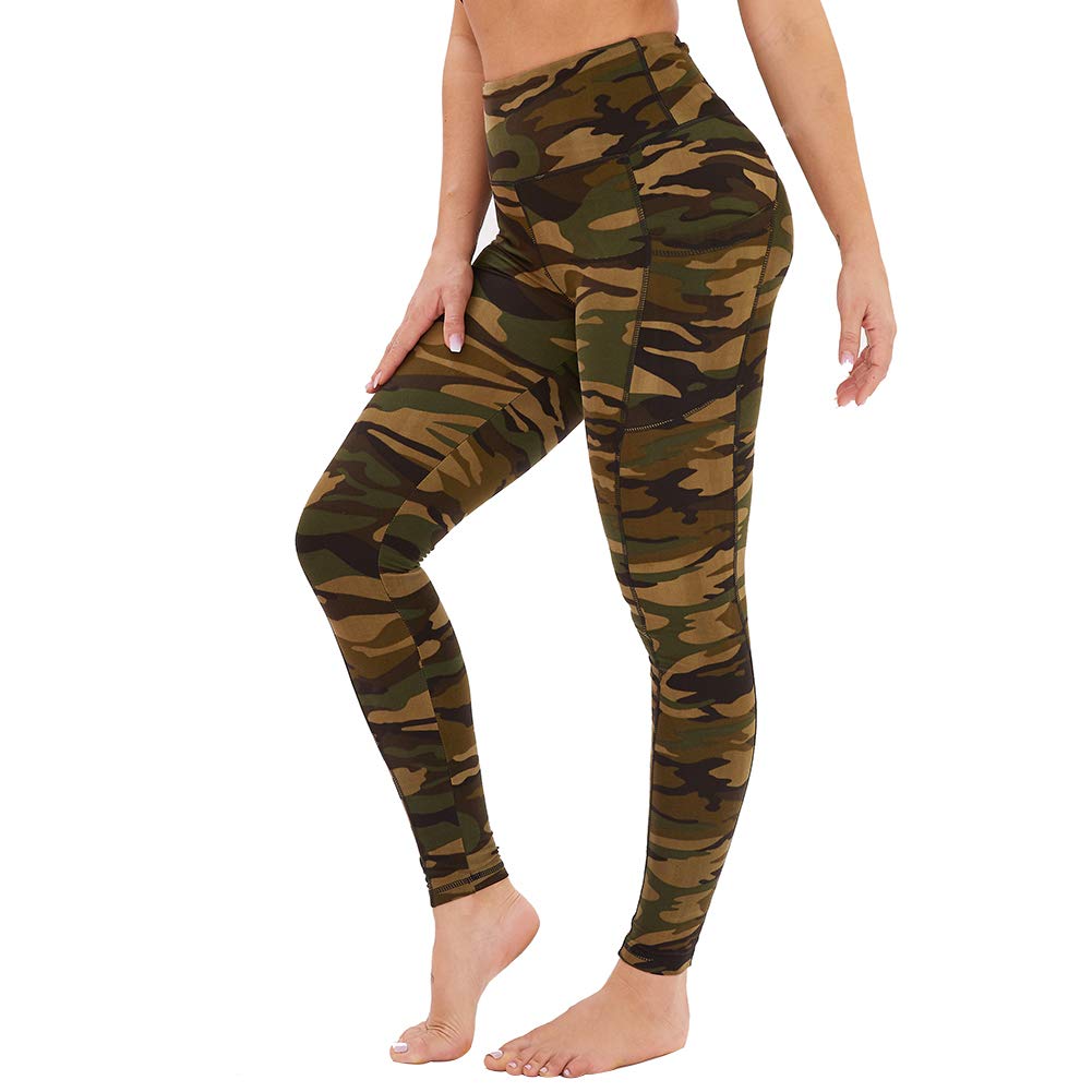 Aoliks Camouflage Women High Waisted Side Pockets Leggings Green