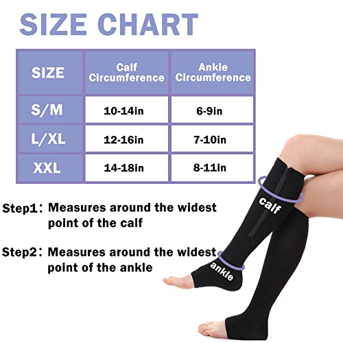 2 Zipper Pressure Compression Socks Support Stockings Leg - Open Toe Knee  High - 20-30mmHg - Helps Circulation, Varicose Veins, Swollen Legs, Zipper  - Black Regular Size (2 Pairs) 