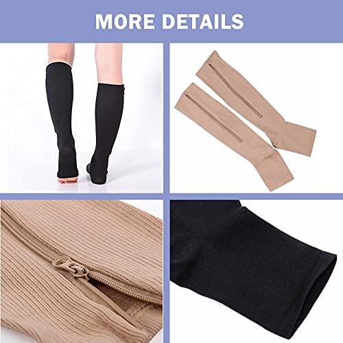 Aoliks 2 Pairs Black Zipper Compression Socks Open-Toed Zip Up Support  Stockings(20-30mmHg)