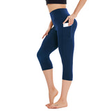 Aoliks Women's Capri Leggings High Waisted Side Pockets Workout Pants Dark Blue