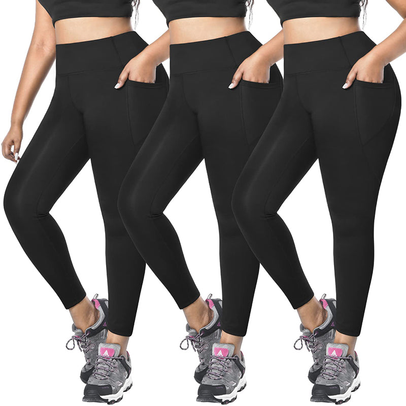 Plus Size Basic Leggings, Women's Plus Solid Wide Waistband Tummy Control  Leggings With Phone Pockets