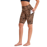 Aoliks Leopard Print Women Shorts High Waisted Pockets Leggings Brown