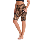 Aoliks Leopard Print Women Shorts High Waisted Pockets Leggings Brown
