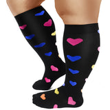 Aoliks Woman Color Heart Print Plus Size Knee High Wide Calf Compression Socks Black