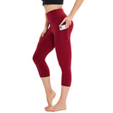 Aoliks Women's Capri Leggings High Waisted Side Pockets Workout Pants Wine Red