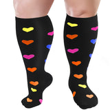 Aoliks Woman Color Heart Print Plus Size Knee High Wide Calf Compression Socks Black
