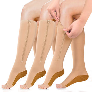 Aoliks 3 Pairs Women Zipper Copper Compression Socks Calf Sleeves Open-Toed Support Stockings