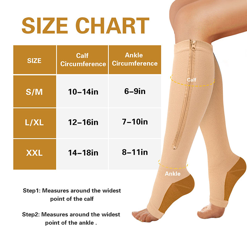 2-Pack Zipper Compression Socks for Men/Women with Open Toe, Knee High  20-30mmHg Compression Support Hose (Beige, L/XL)