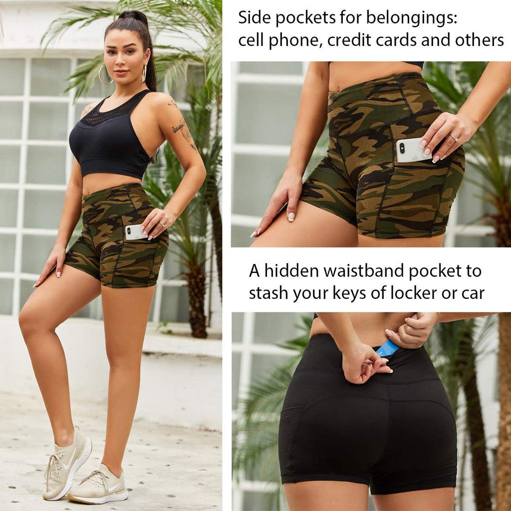 Aoliks Camouflage Women Shorts High Waisted Pockets Butt Lifting Leggings  Army Green