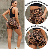 Aoliks Leopard Print Women Shorts High Waisted Pockets Butt Lifting Leggings Brown