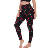 Aoliks Cherry Print Women High Waisted Yoga Leggings Black