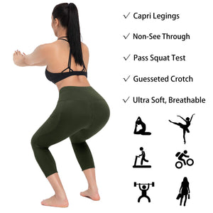 Aoliks Women's Capri Leggings High Waisted Side Pockets Workout Pants Olive
