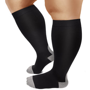 Aoliks Women Plus Size Compression Socks Big Large Knee High Wide Calf Support Hose Black-Grey