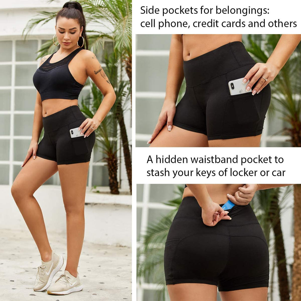 Aoliks Women Shorts High Waisted Pockets Butt Lifting Leggings Black