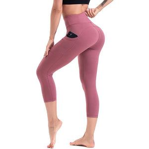 Aoliks Women's Capri Leggings High Waisted Side Pockets Workout Pants Pink