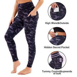 Aoliks Camo Women High Waisted Side Pockets Leggings Dark Blue