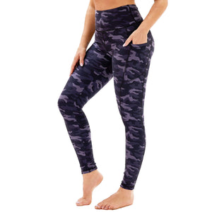 Aoliks Camo Women High Waisted Side Pockets Leggings Dark Blue