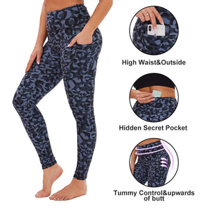 Aoliks Leopard Women High Waisted Side Pockets Leggings Cyan