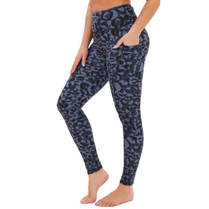 Aoliks Leopard Women High Waisted Side Pockets Leggings Cyan