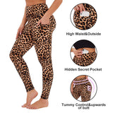 Aoliks Leopard Print Women High Waisted Side Pockets Leggings Brown