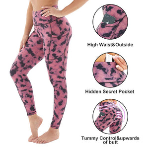Aoliks Tie Dye Women High Waisted Side Pockets Leggings Pink