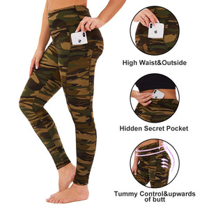 Aoliks Camouflage Women High Waisted Side Pockets Leggings Green