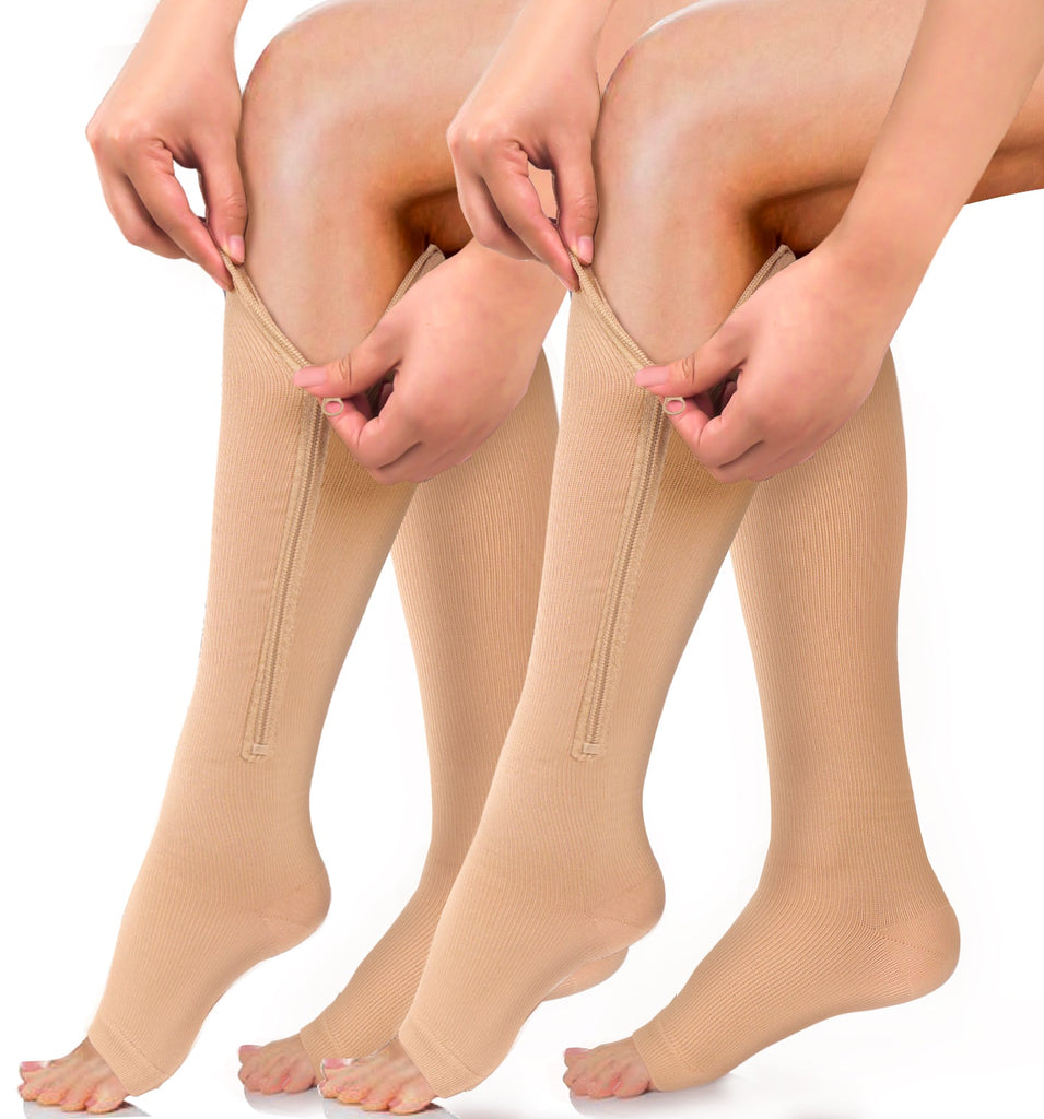 Aoliks 2 Pairs Nude Zipper Compression Socks Open-Toed Zip Up Support  Stockings(20-30mmHg)