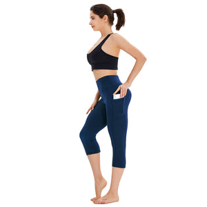 Aoliks Women's Capri Leggings High Waisted Side Pockets Workout Pants Dark Blue