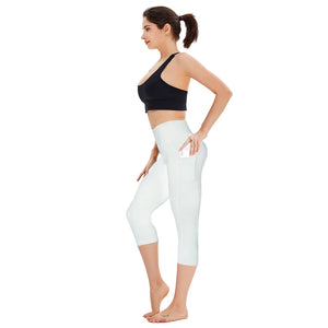 Aoliks Women's Capri Leggings High Waisted Side Pockets Workout Pants White