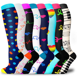 Aoliks 8 Pairs Woman Heart Pattern Compression Socks 20-30 mmHG