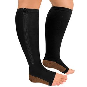 Aoliks 3 Pairs Women Open-Toed with Zipper Calf Compression Sleeves Stockings(15-20mmHg) Black