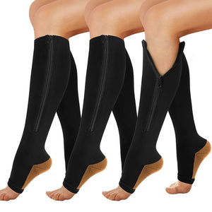 Aoliks 3 Pairs Women Open-Toed with Zipper Calf Compression Sleeves Stockings(15-20mmHg) Black