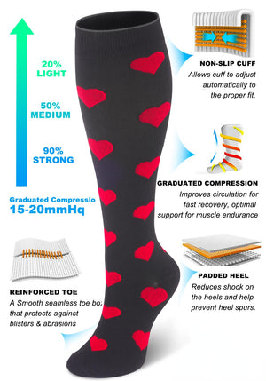 Aoliks Compression Socks Red Heart Print Knee High Black (20-30mmHg)