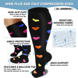 Aoliks Woman Color Heart Print Plus Size Knee High Wide Calf Compression Socks Black