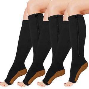 Aoliks 3 Pairs Women Zipper Copper Compression Socks Calf Sleeves Open-Toed Support Stockings