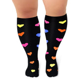 Aoliks Woman Color Heart Print Plus Size Knee High Wide Calf Compression Socks Black