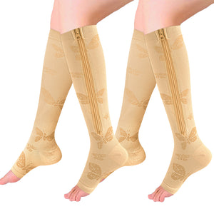 Aoliks 2 Pairs Women Open-Toed with Zipper Butterfly Print Calf Compression Sleeves Stockings Beige