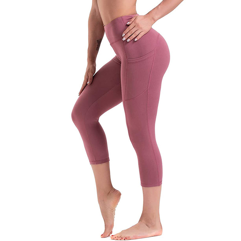 Women's High-Waisted Ribbed Capri Legging Yoga Pants - Dusty Pink / XS