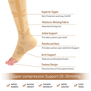 Aoliks 2 Pairs Women Open-Toed with Zipper Butterfly Print Calf Compression Sleeves Stockings Beige